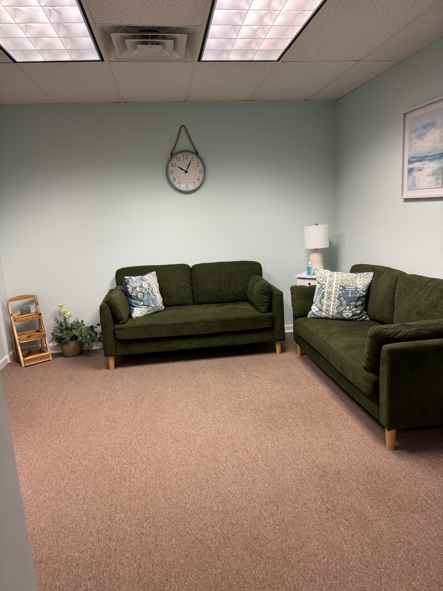 Therapy room with two green sofas and soft natural light
